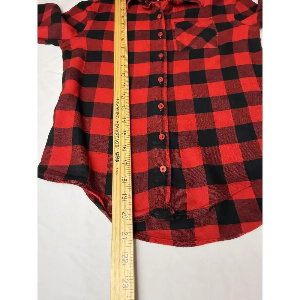 Justice Shirt Girls 10 Red Black Plaid Button Up Long Sleeve Soft Flannel